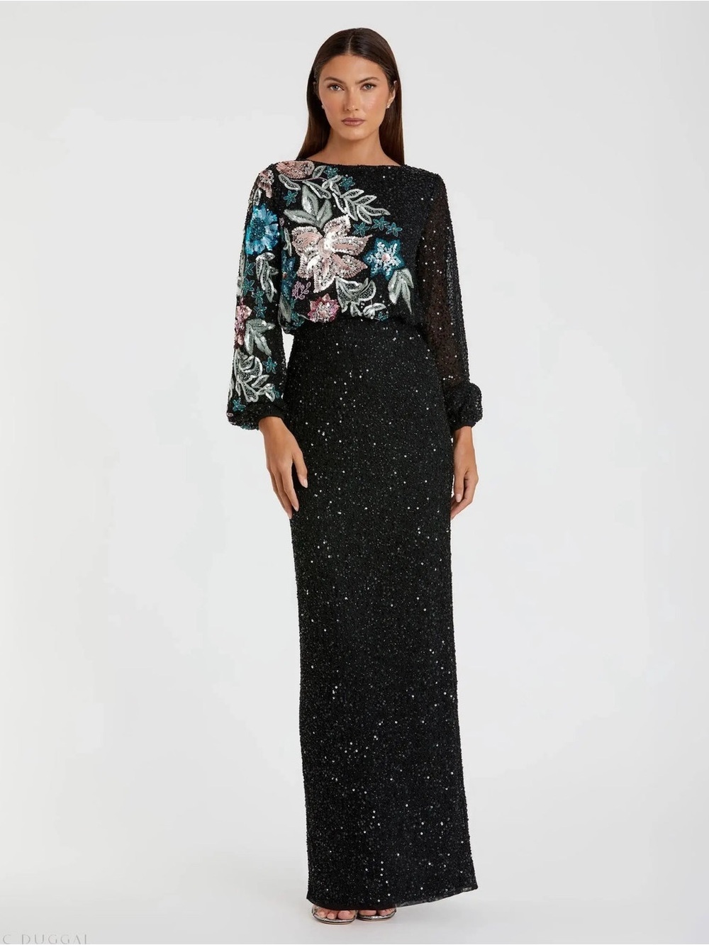 MAC DUGGAL Black High Neck Long Sleeve Sequin Gown 10